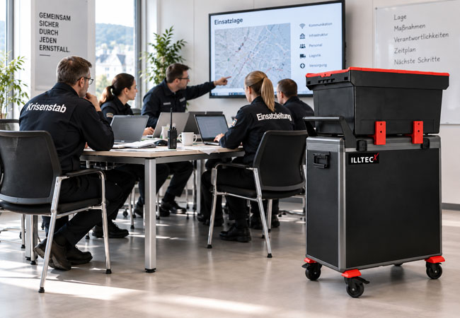 Krisenstab mit ILLTECxCompact Charge Trolley und Zubehörbox für vorbereitete IT-Notfallkonzepte