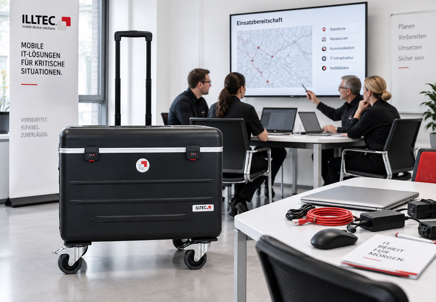 Vorbereitete ILLTECx IT-Notfalllösung mit Notebooks, Netzwerkzubehör und professioneller Verkabelung