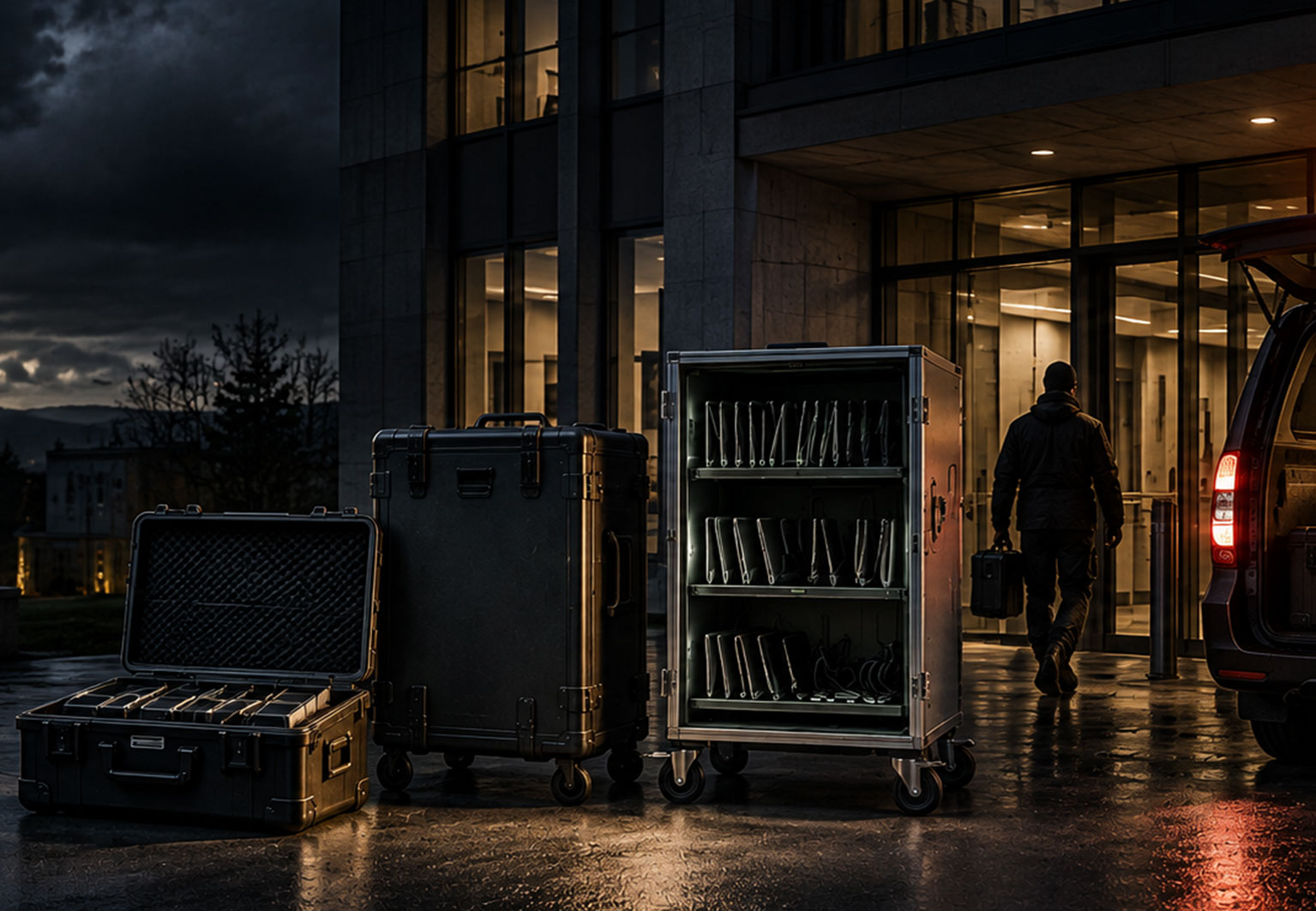 Mobile ILLTECx IT-Notfalllösungen mit Koffer, Trolley und Notebookwagen vor einem Verwaltungsgebäude in einem Blackout- oder Krisenszenario